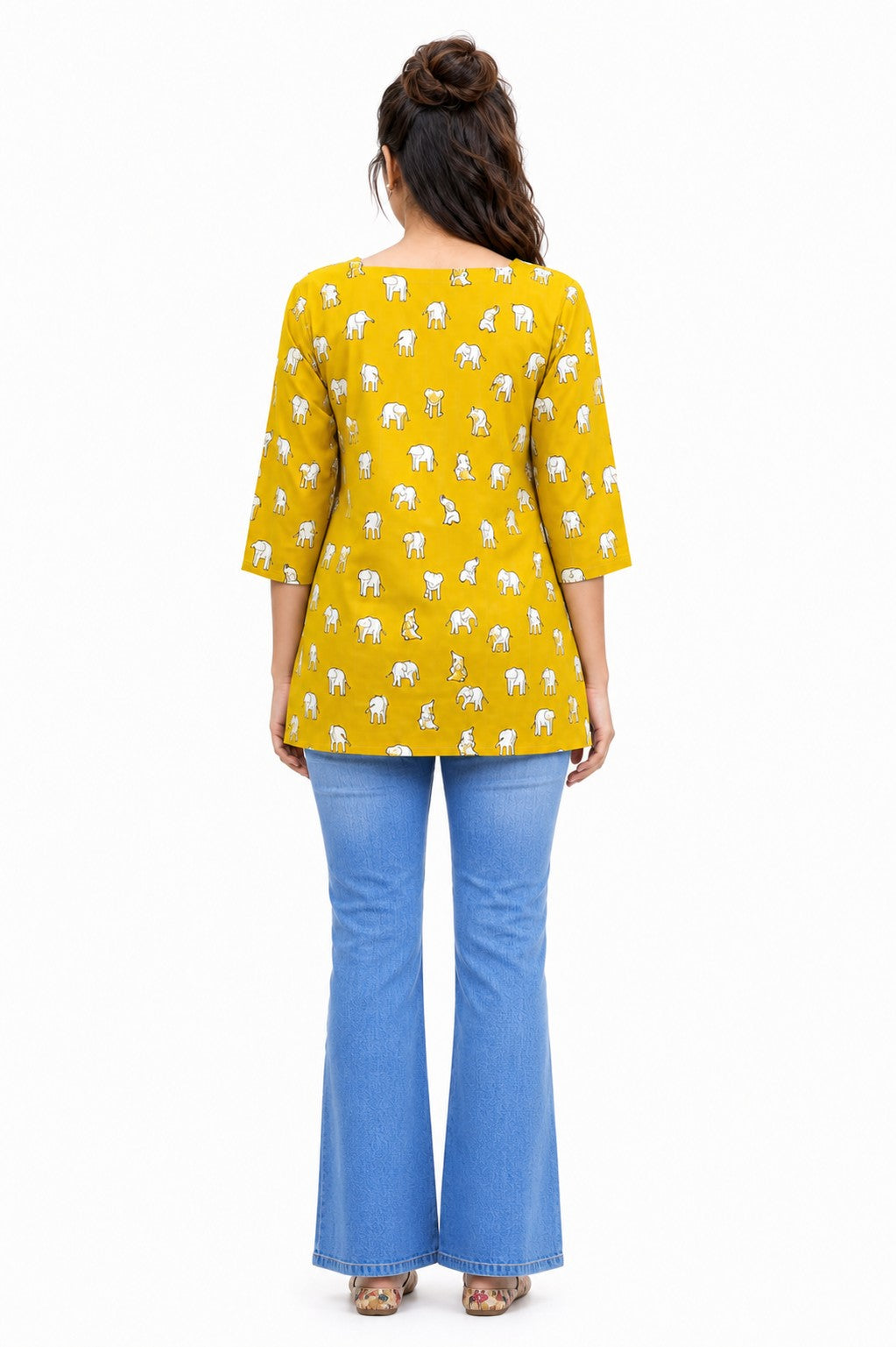 Yellow Printed Cotton Top for Women – Square Neck 3/4 Sleeve