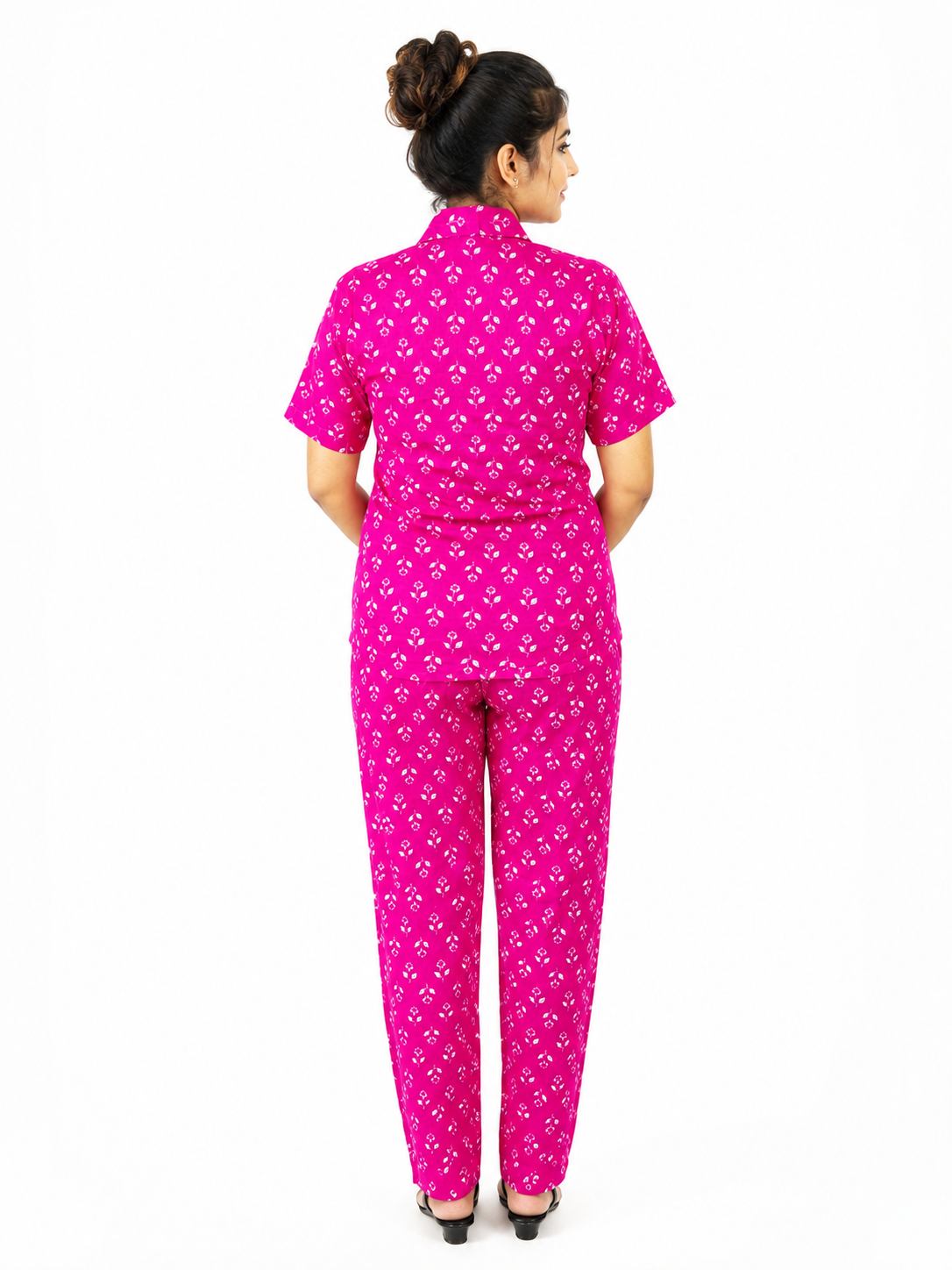 Women’s Pink Printed Co-Ord Set with Collared Shirt & Straight Pants