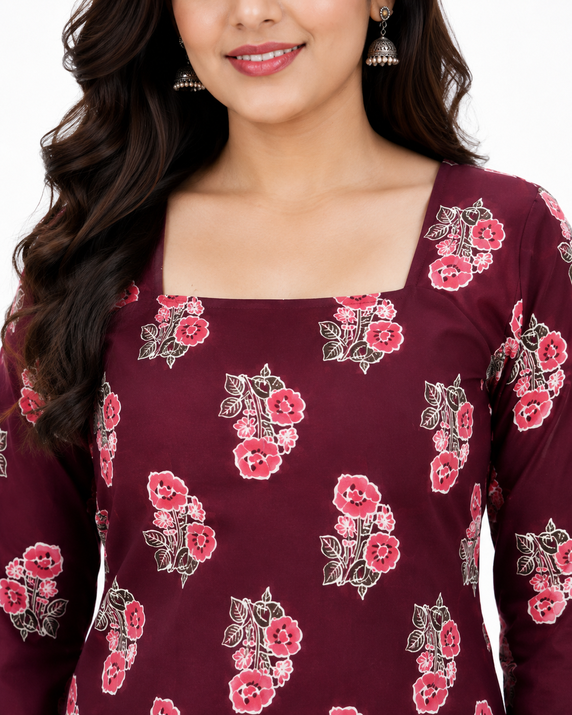 Women's Maroon Floral Print Cotton Kurti