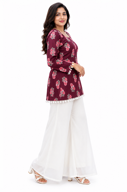 Women's Maroon Floral Print Cotton Kurti