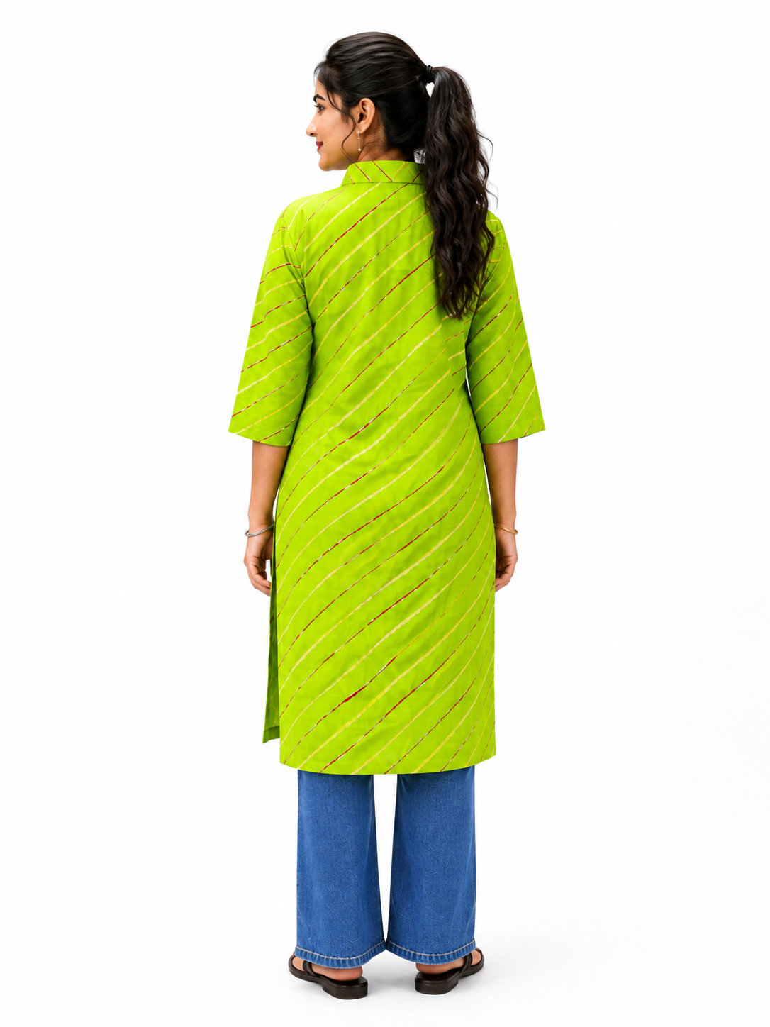 Women’s Lime Green Striped Straight Kurti with Shirt Collar & 3/4 Sleeves