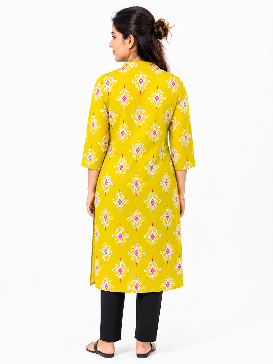 Women’s Mustard Yellow Printed Straight Kurti with Mandarin Collar & 3/4 Sleeves