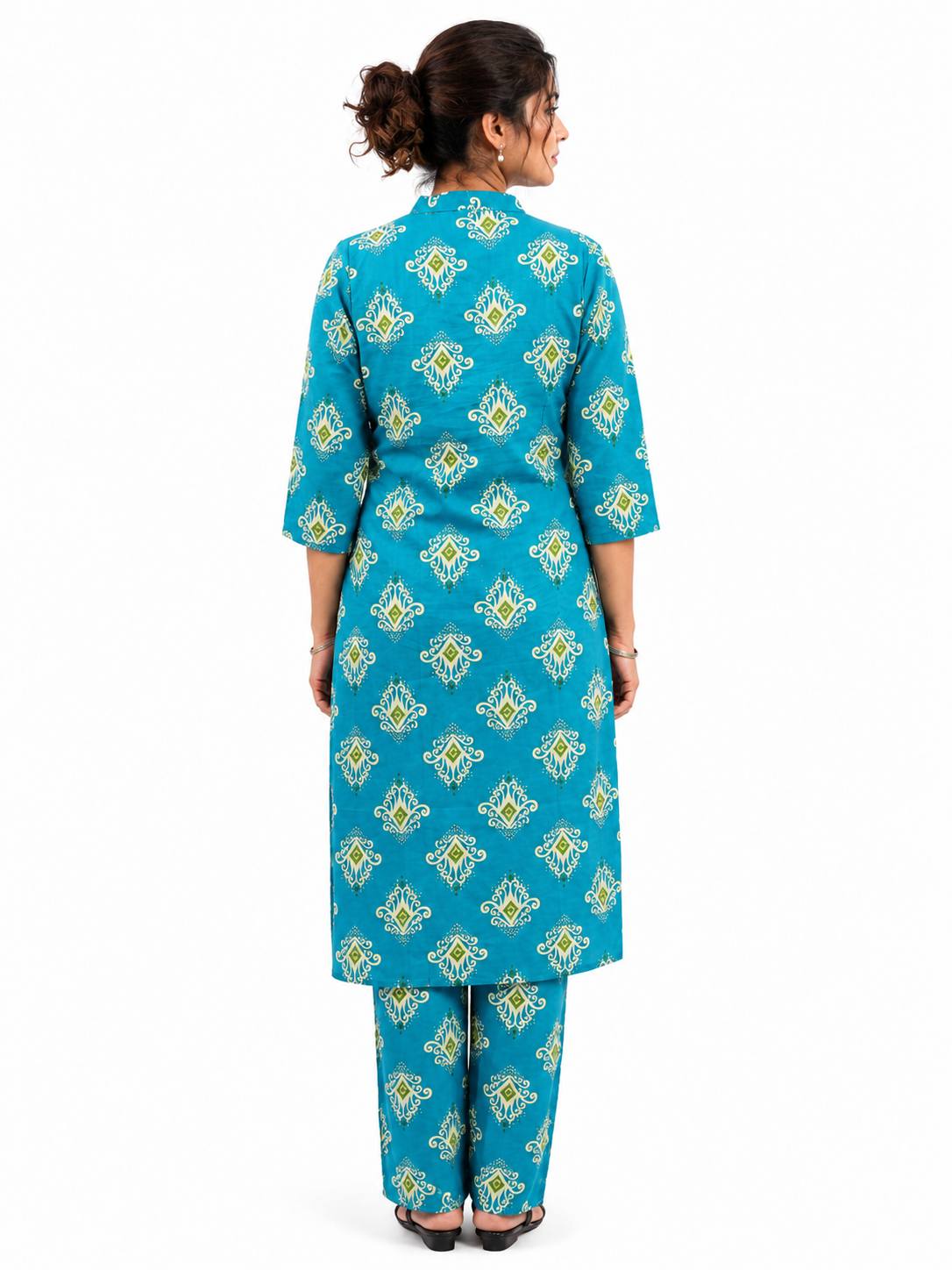 Women’s Teal Blue Printed Kurta Pant Set with Mandarin Collar & 3/4 Sleeves