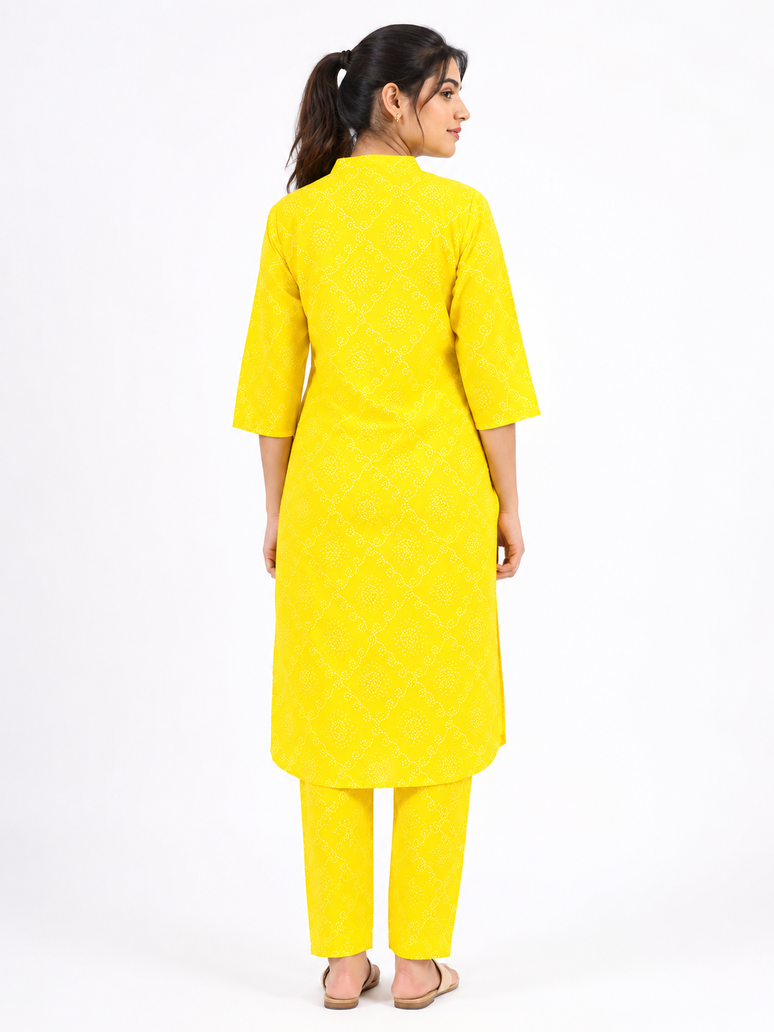 Women’s Yellow Printed Kurta Pant Set with Mandarin Collar & 3/4 Sleeves