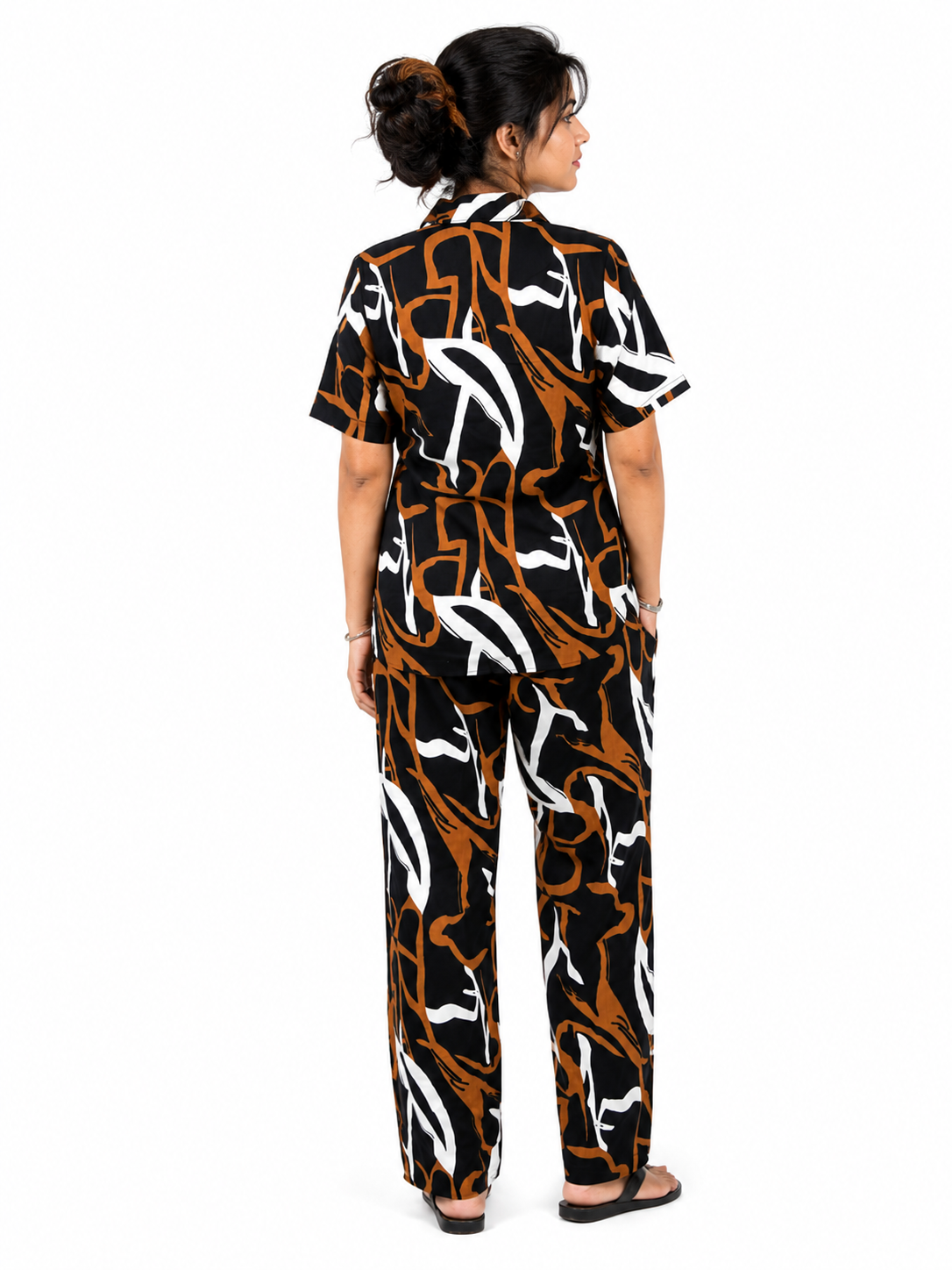 Women’s Black & Brown Printed Co-Ord Set with Collared Shirt & Wide-Leg Pants