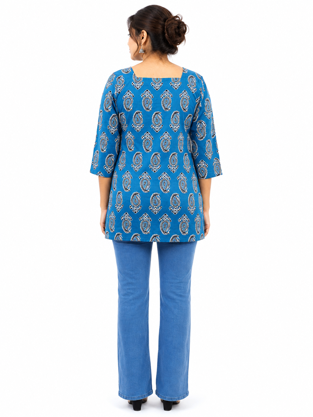 Women’s Blue Printed Square Neck Top with 3/4 Sleeves
