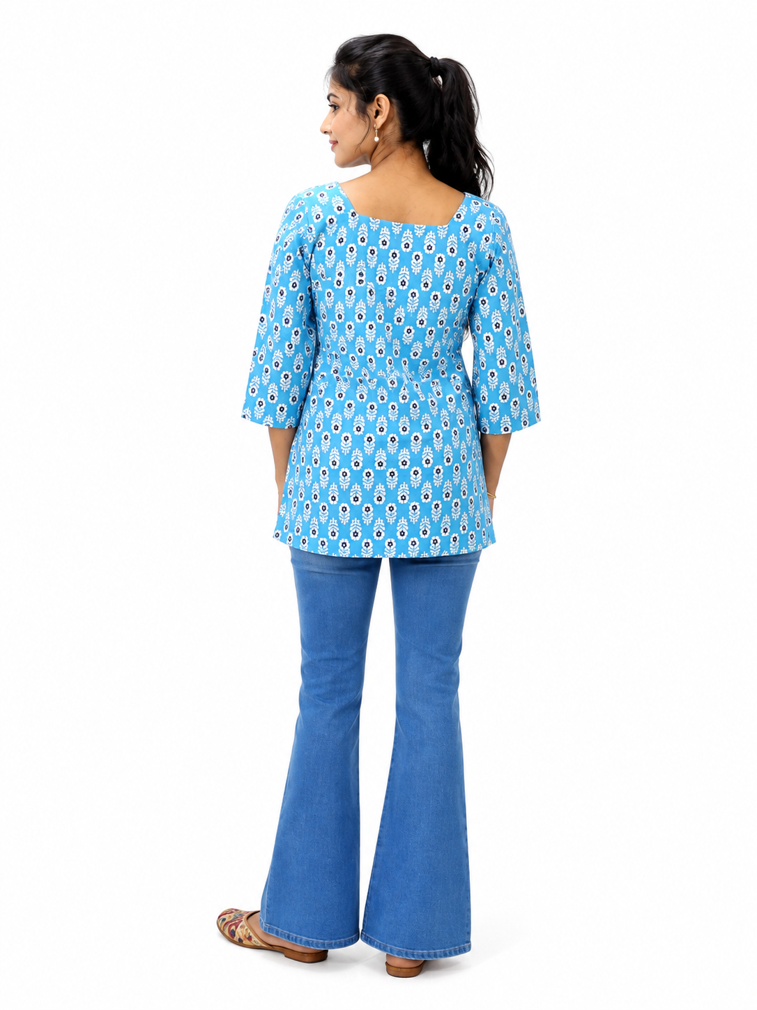 Women’s Blue Printed Square Neck Top with 3/4 Sleeves