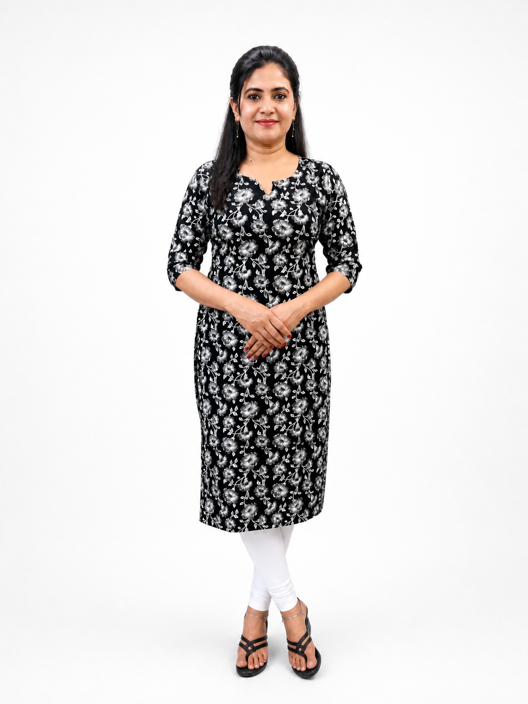 Women's Black Floral Print Cotton Kurti