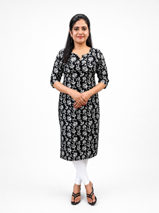 Women's Black Floral Print Cotton Kurti