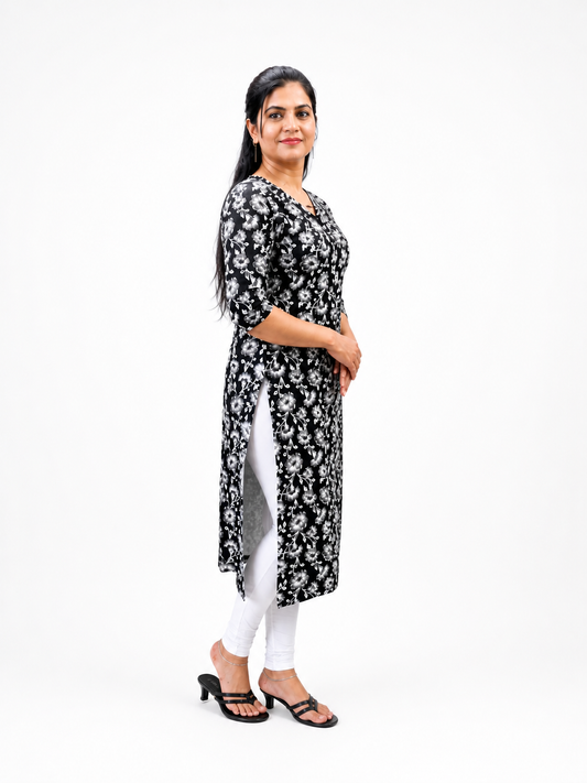 Women's Black Floral Print Cotton Kurti