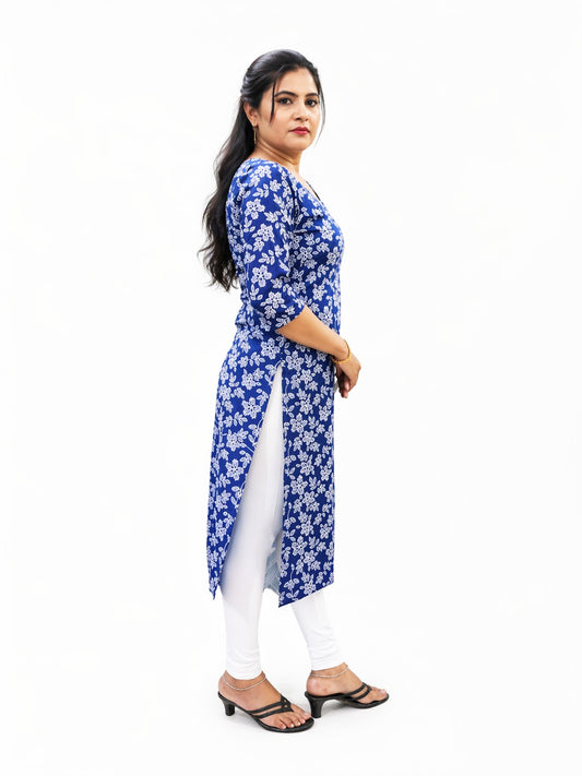 Women's Blue Cotton Print Floral Kurti