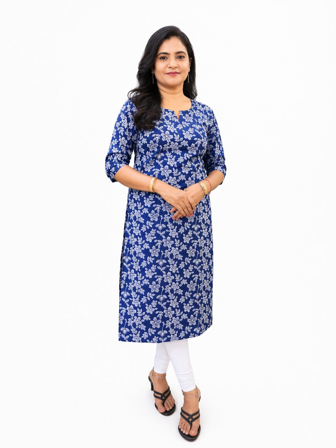 Women's Blue Cotton Print Floral Kurti
