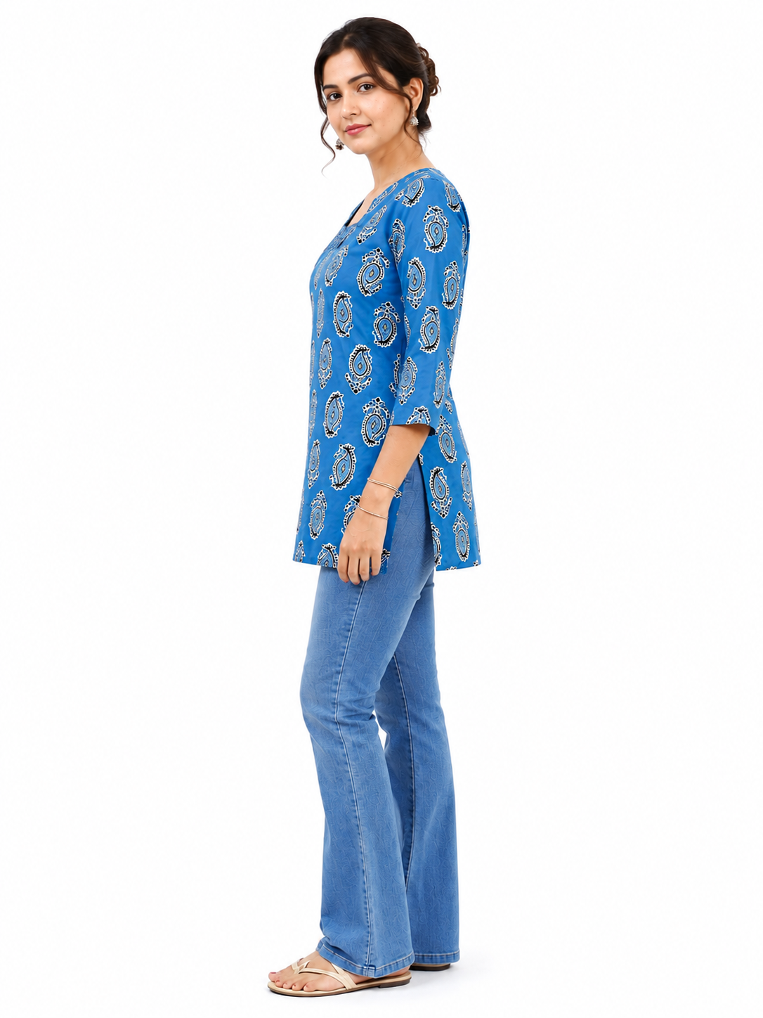 Women’s Blue Printed Square Neck Top with 3/4 Sleeves