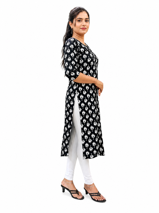 Women's Black Floral Print Cotton Kurti