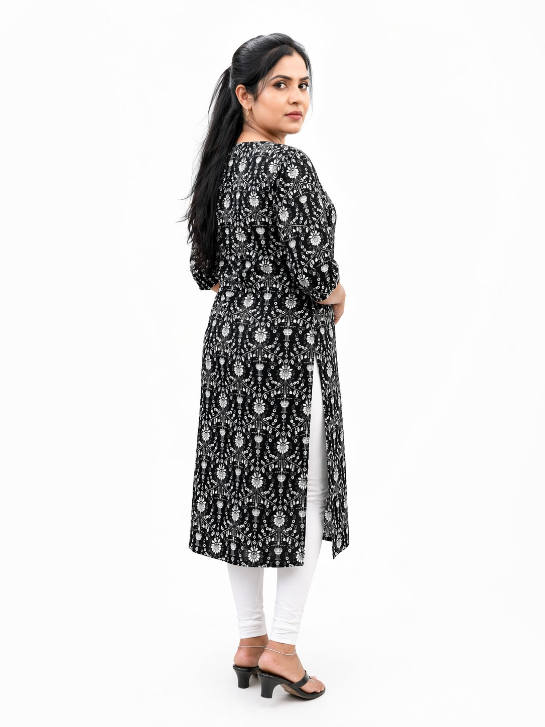 Women's Black Floral Print Cotton Kurti