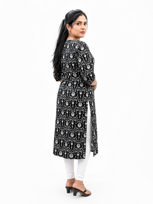 Women's Black Floral Print Cotton Kurti