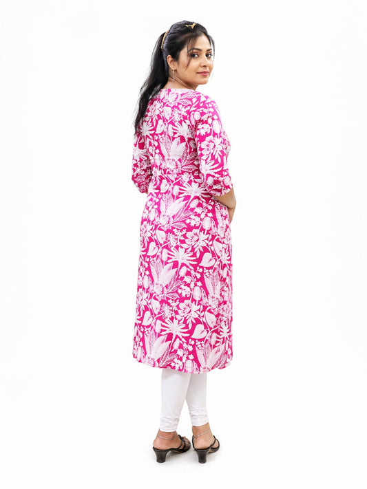 Women's Pink Floral Print Cotton Kurti
