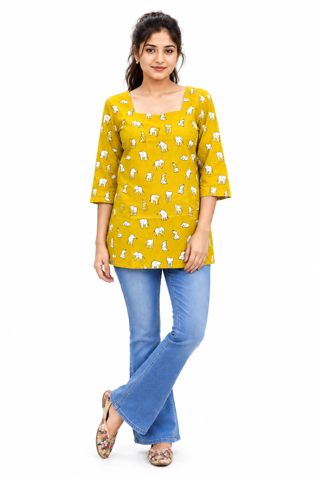 Yellow Printed Cotton Top for Women – Square Neck 3/4 Sleeve