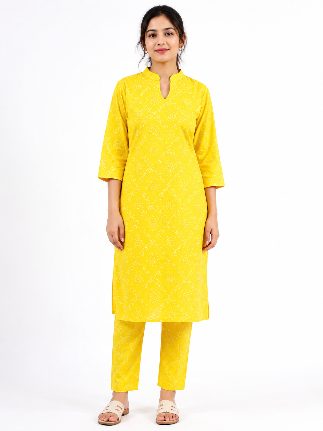 Women’s Yellow Printed Kurta Pant Set with Mandarin Collar & 3/4 Sleeves