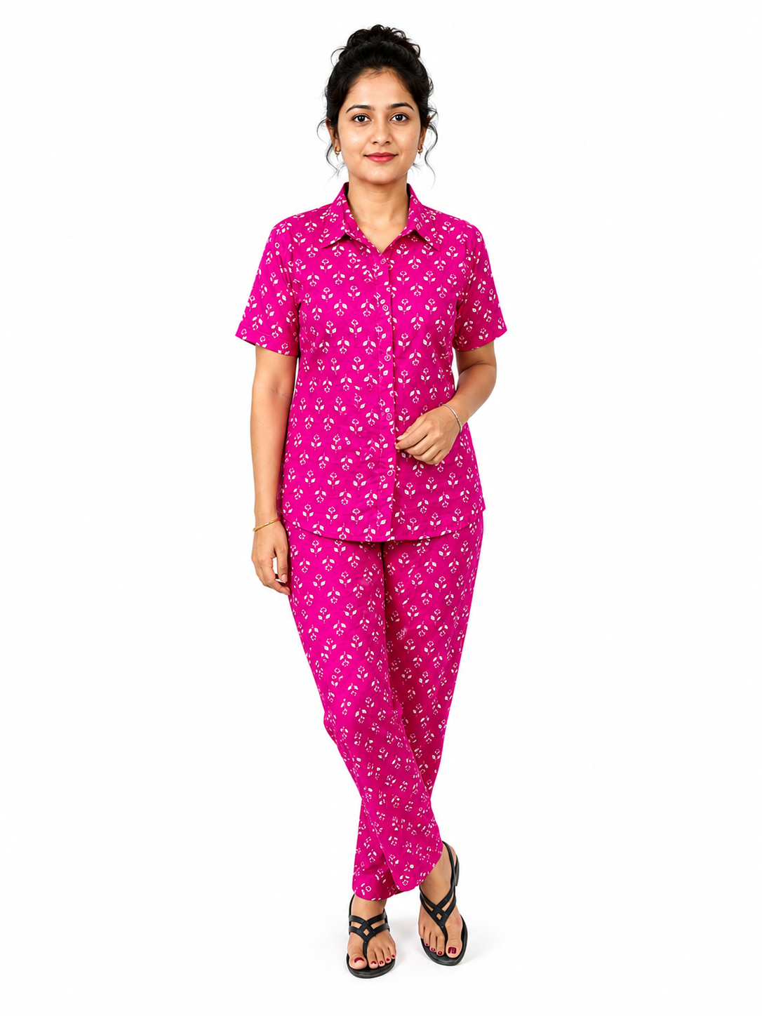 Women’s Pink Printed Co-Ord Set with Collared Shirt & Straight Pants