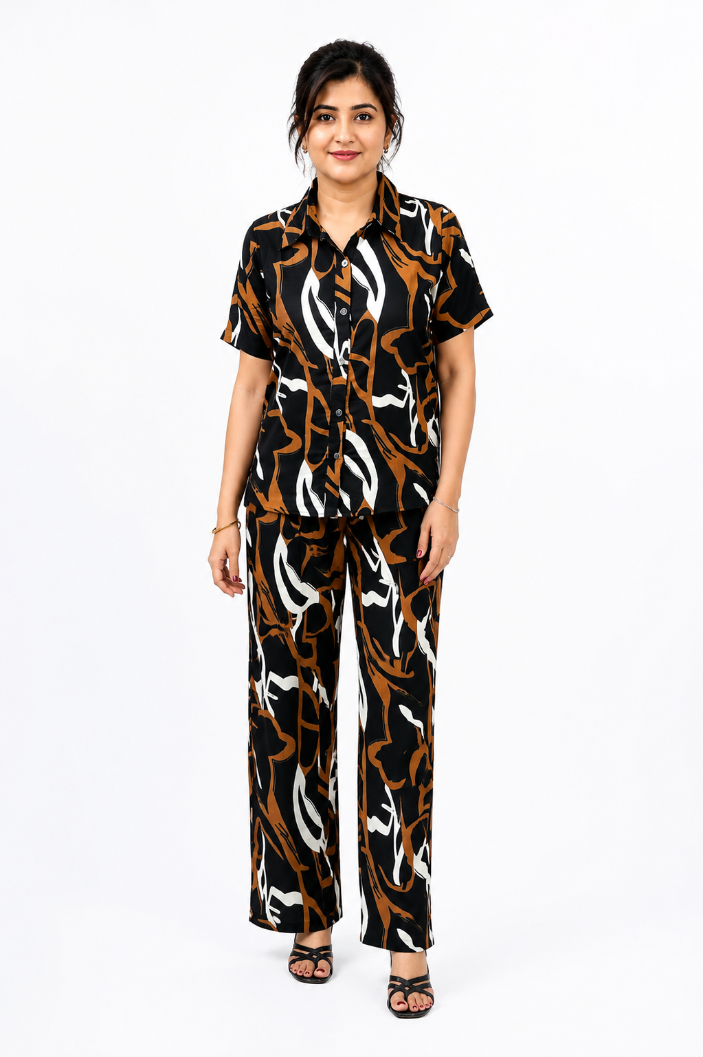 Women’s Black & Brown Printed Co-Ord Set with Collared Shirt & Wide-Leg Pants