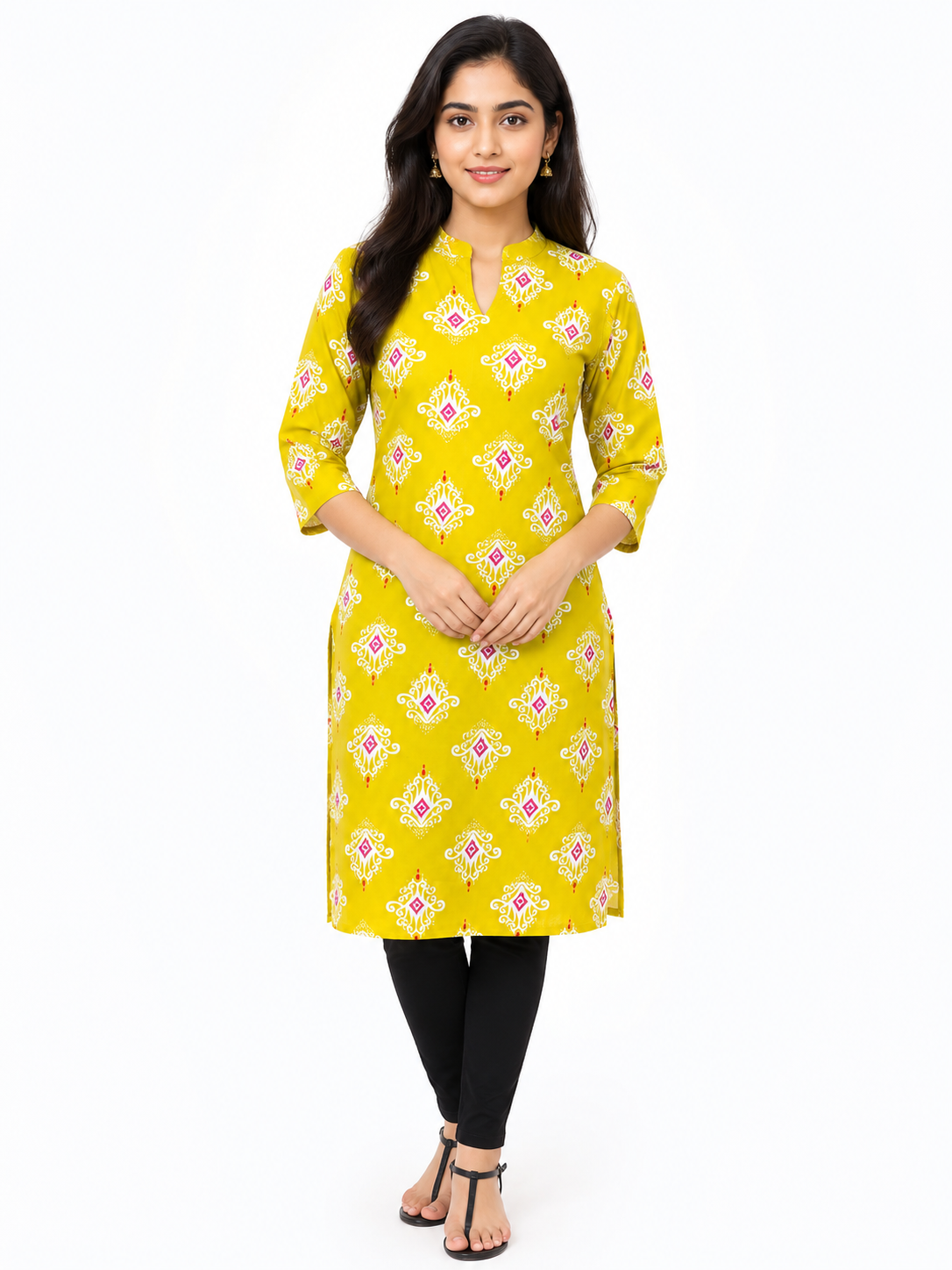 Women’s Mustard Yellow Printed Straight Kurti with Mandarin Collar & 3/4 Sleeves