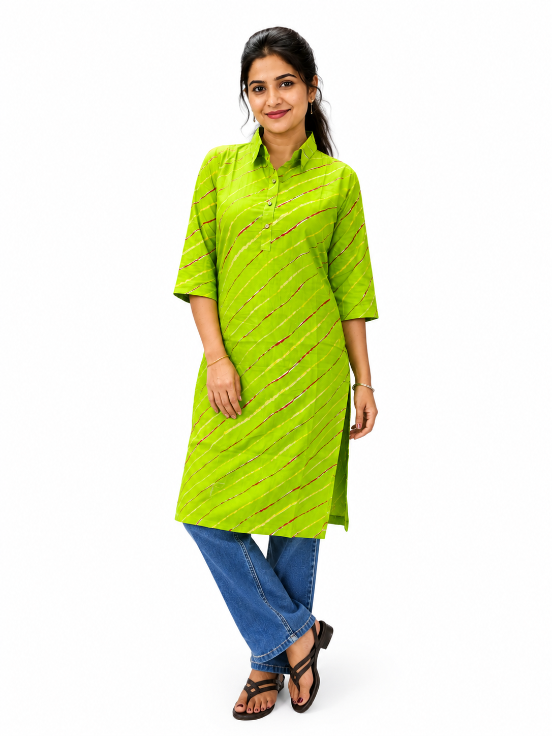 Women’s Lime Green Striped Straight Kurti with Shirt Collar & 3/4 Sleeves