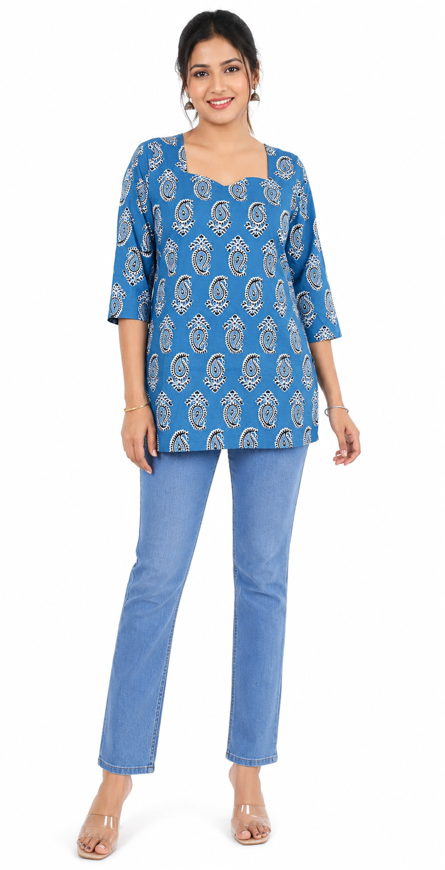 Women’s Blue Printed Square Neck Top with 3/4 Sleeves
