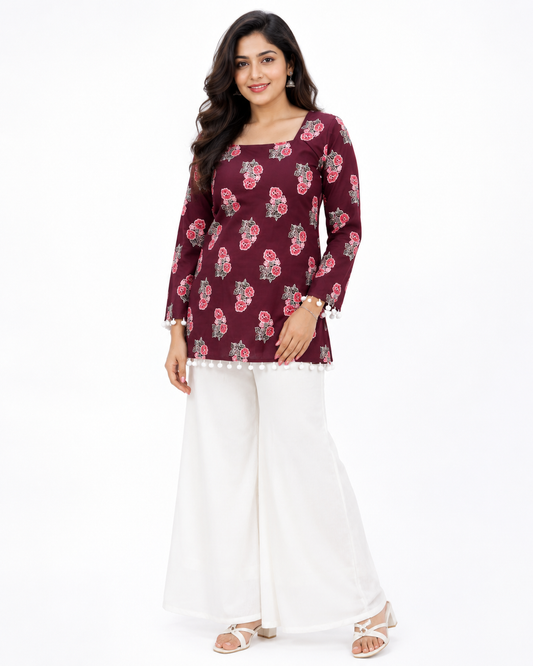 Women's Maroon Floral Print Cotton Kurti