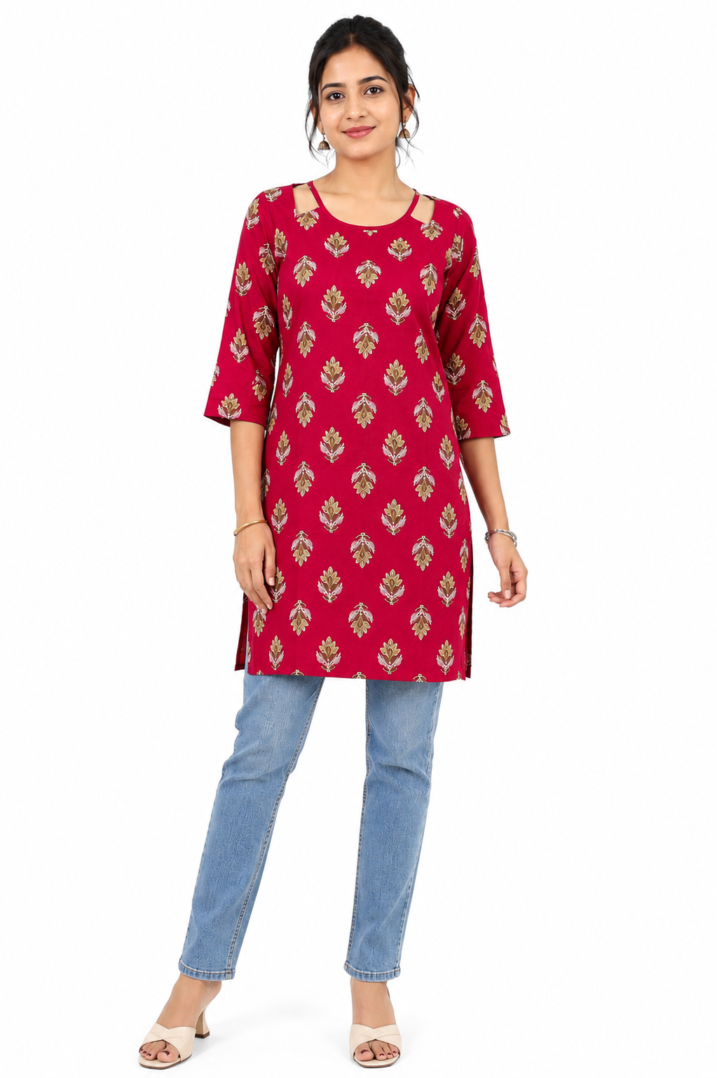 Women’s Maroon Printed Straight Kurti with Round Neck & 3/4 Sleeves