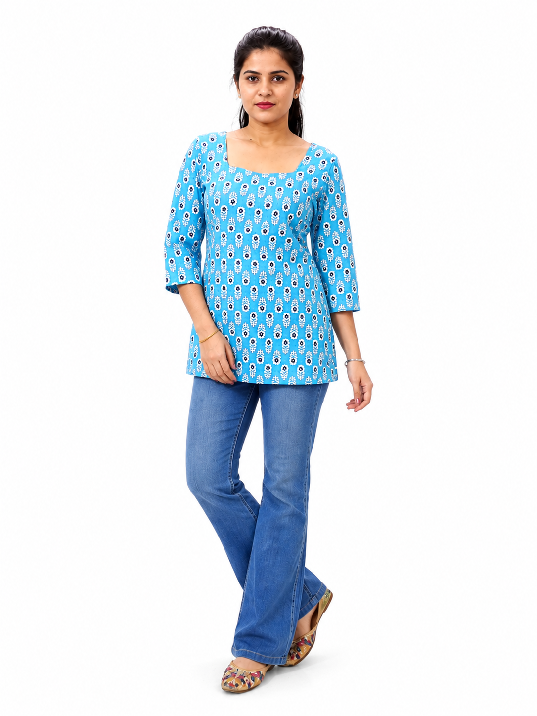 Women’s Blue Printed Square Neck Top with 3/4 Sleeves
