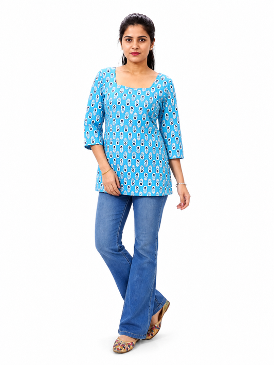 Women’s Blue Printed Square Neck Top with 3/4 Sleeves
