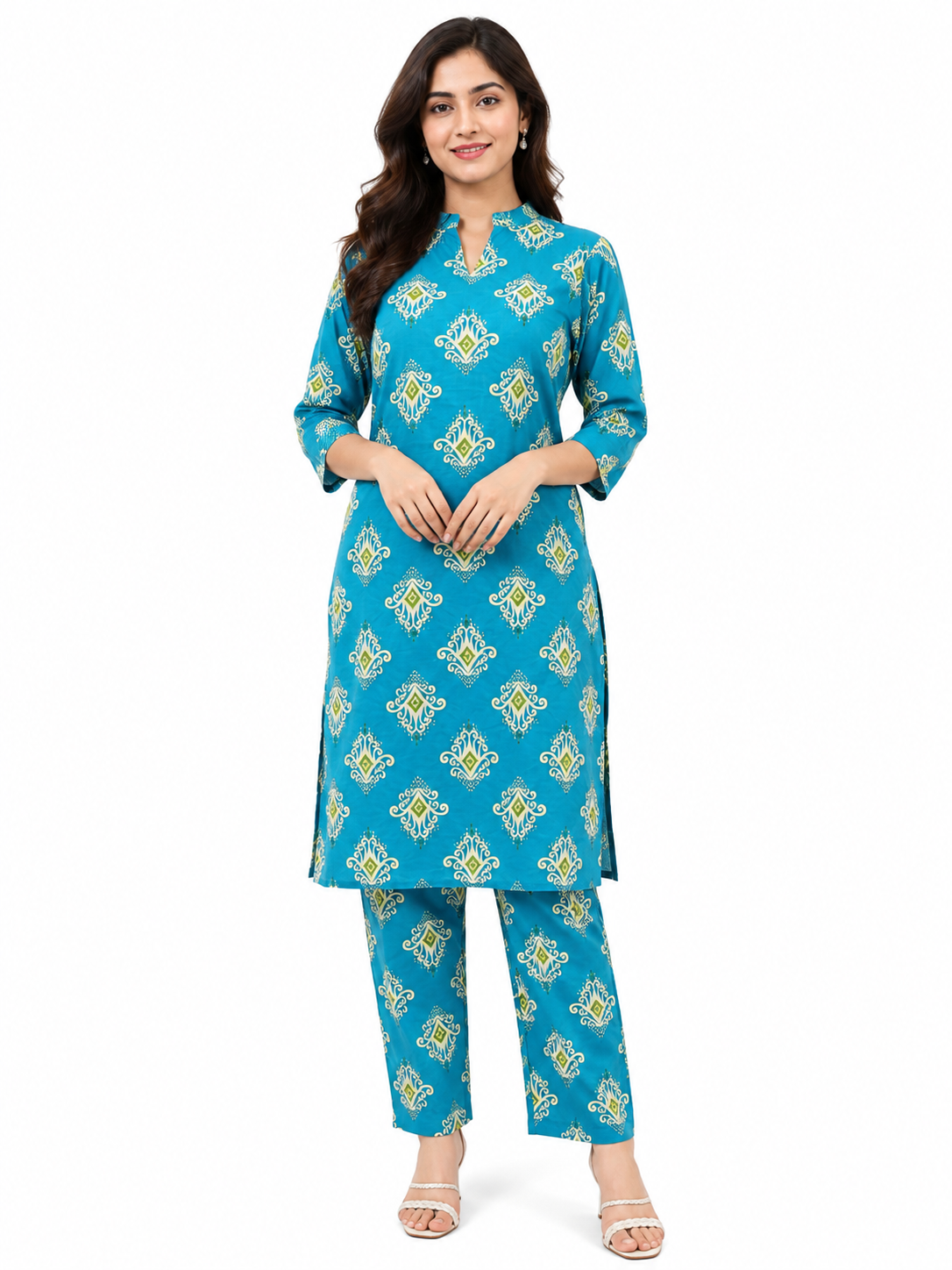 Women’s Teal Blue Printed Kurta Pant Set with Mandarin Collar & 3/4 Sleeves