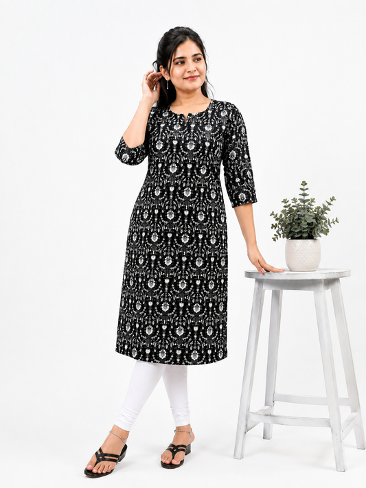 Women's Black Floral Print Cotton Kurti