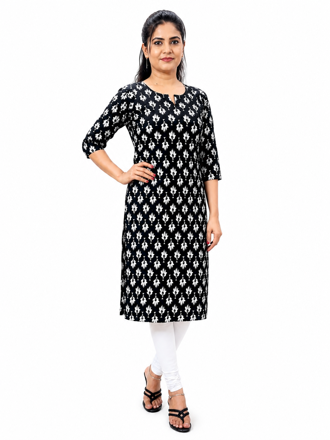 Women's Black Floral Print Cotton Kurti