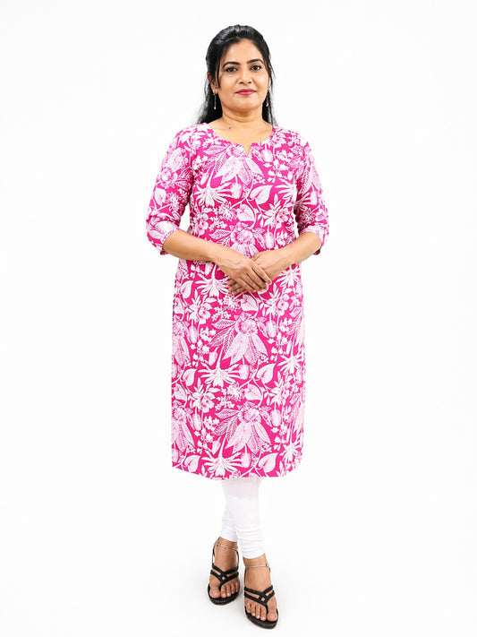 Women's Pink Floral Print Cotton Kurti