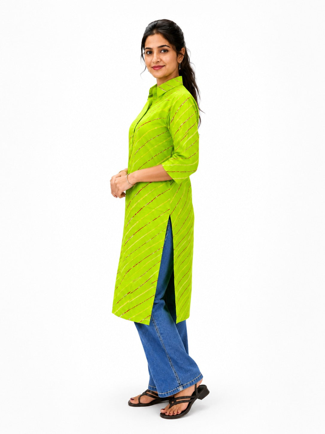 Women’s Lime Green Striped Straight Kurti with Shirt Collar & 3/4 Sleeves