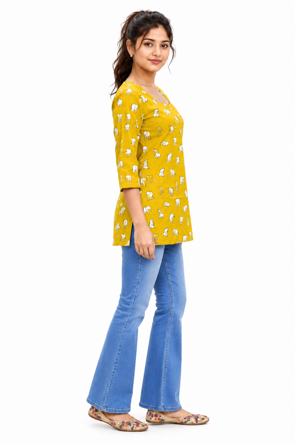 Yellow Printed Cotton Top for Women – Square Neck 3/4 Sleeve