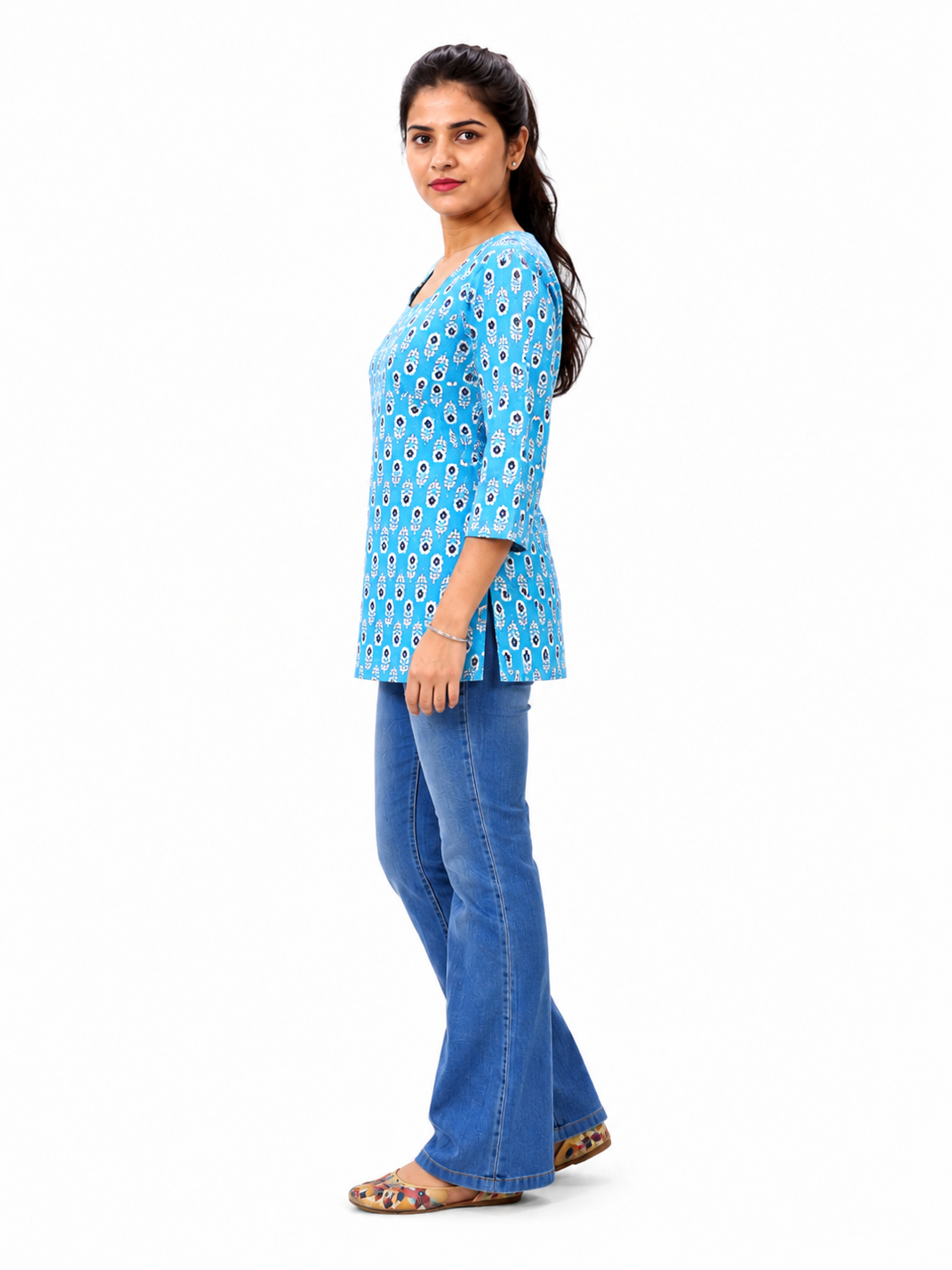 Women’s Blue Printed Square Neck Top with 3/4 Sleeves