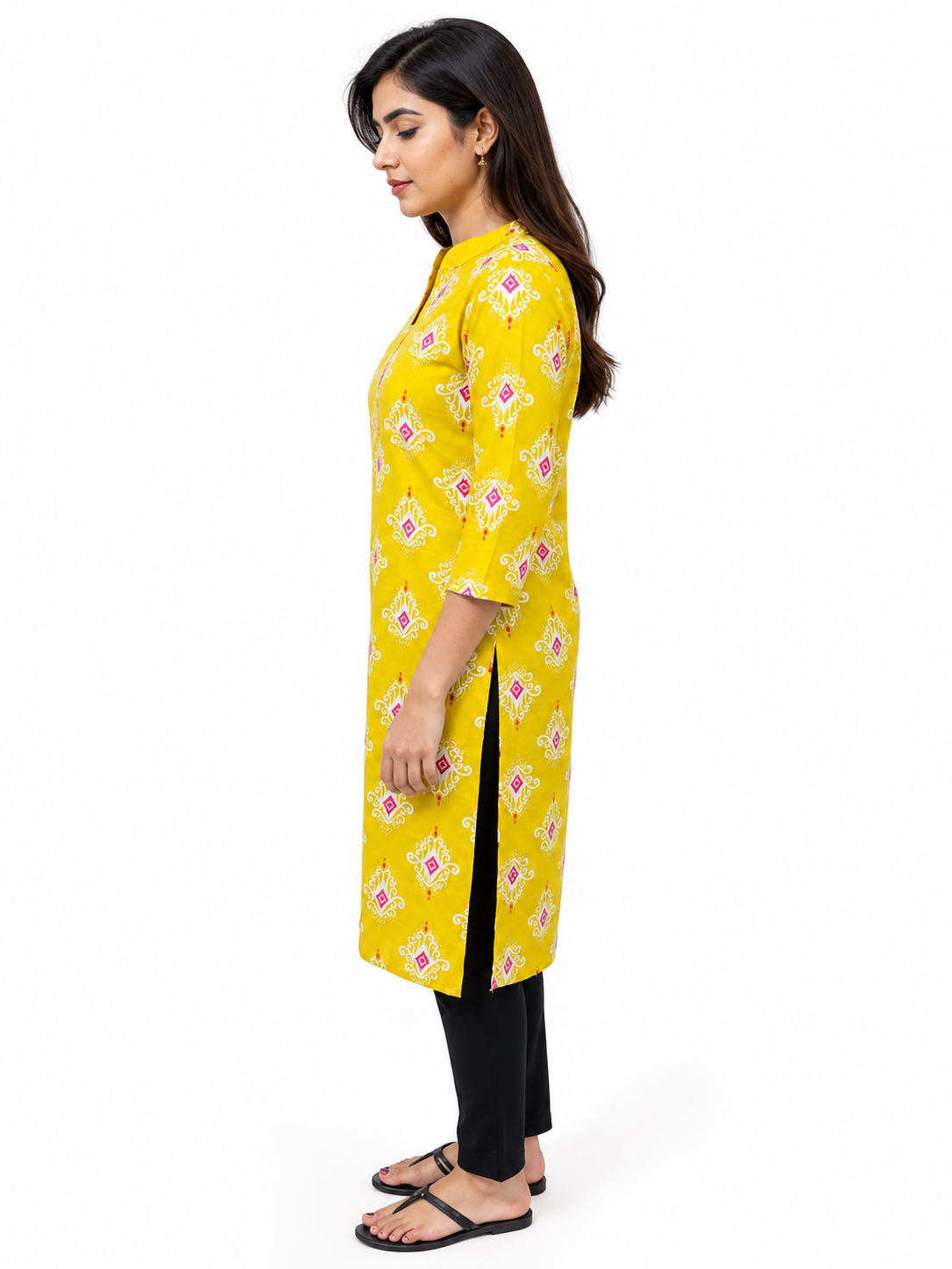 Women’s Mustard Yellow Printed Straight Kurti with Mandarin Collar & 3/4 Sleeves
