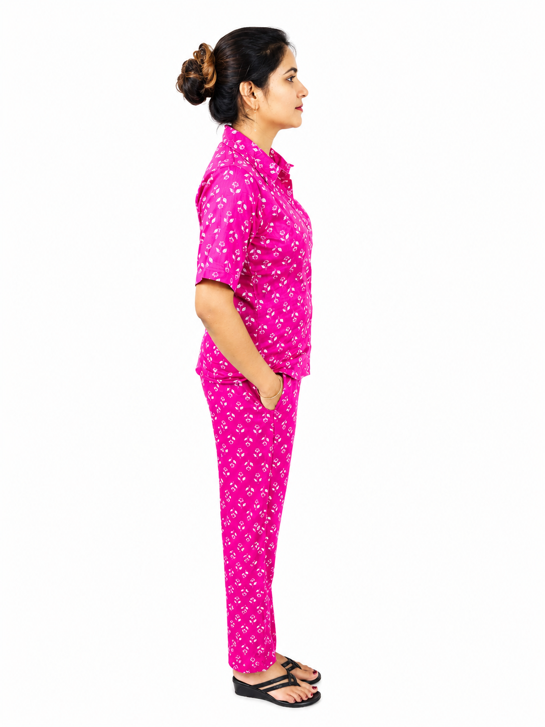 Women’s Pink Printed Co-Ord Set with Collared Shirt & Straight Pants