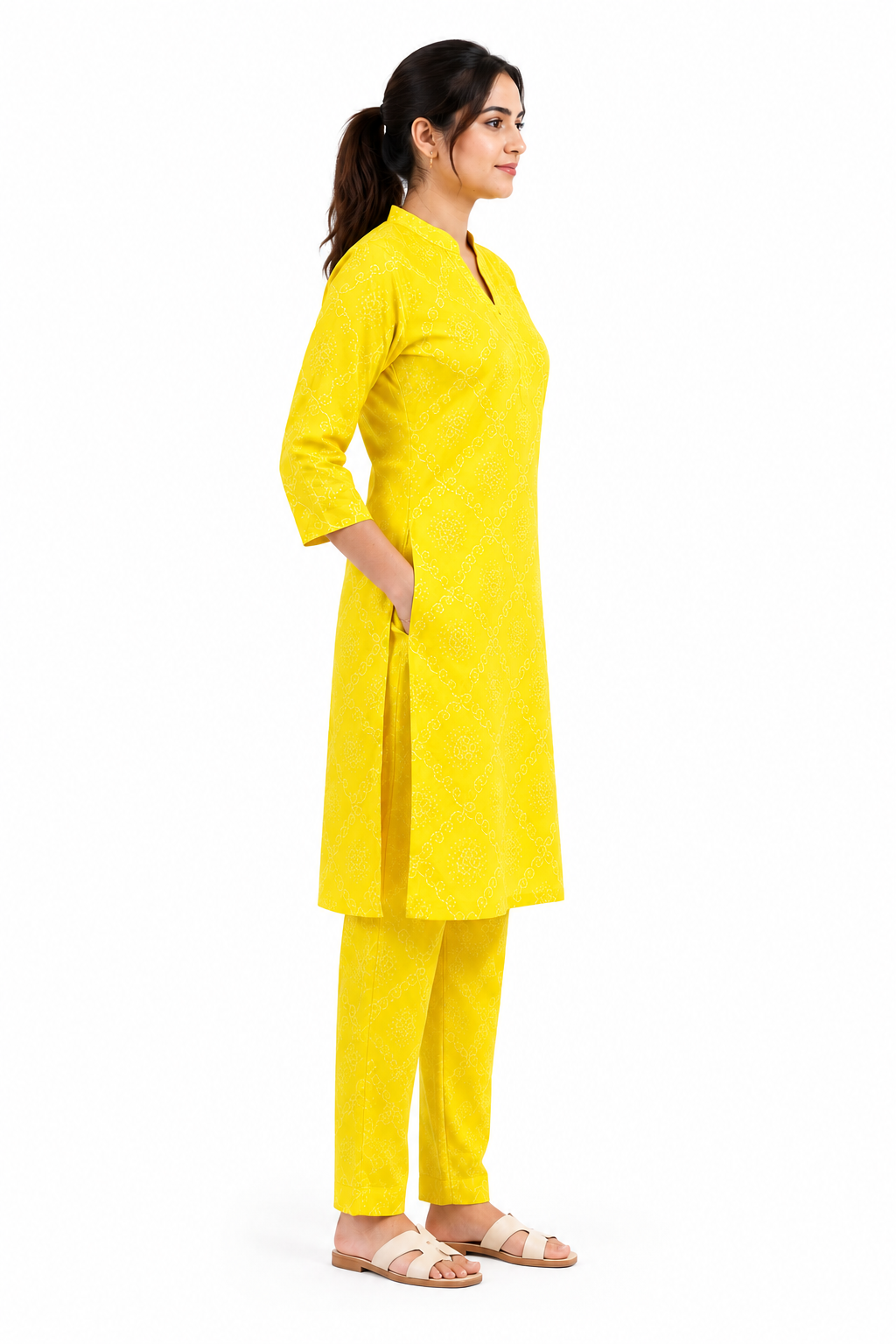 Women’s Yellow Printed Kurta Pant Set with Mandarin Collar & 3/4 Sleeves
