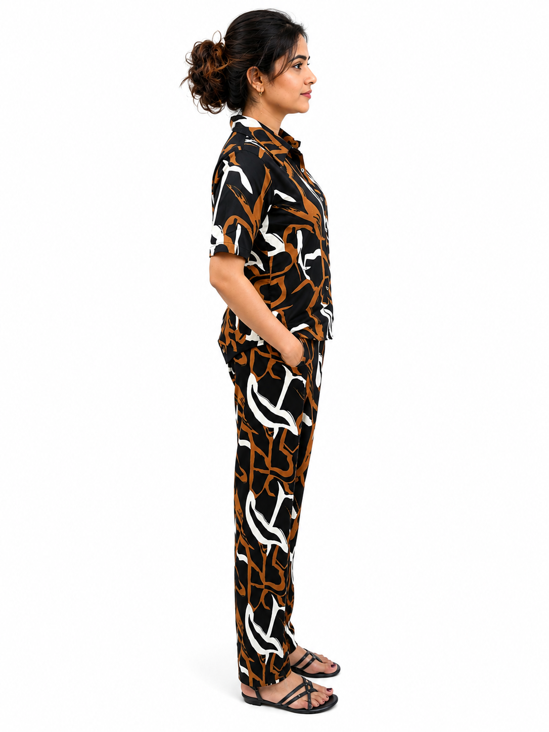 Women’s Black & Brown Printed Co-Ord Set with Collared Shirt & Wide-Leg Pants