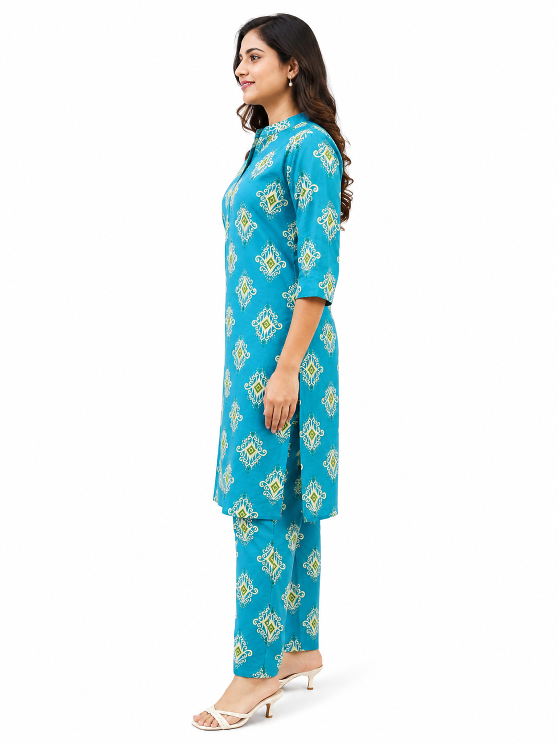 Women’s Teal Blue Printed Kurta Pant Set with Mandarin Collar & 3/4 Sleeves