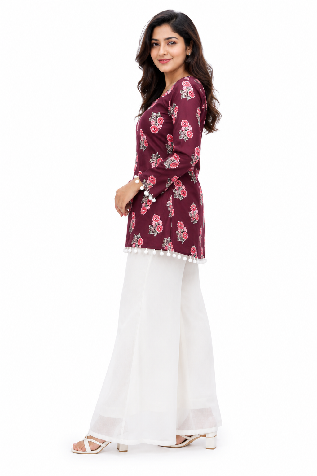 Women's Maroon Floral Print Cotton Kurti